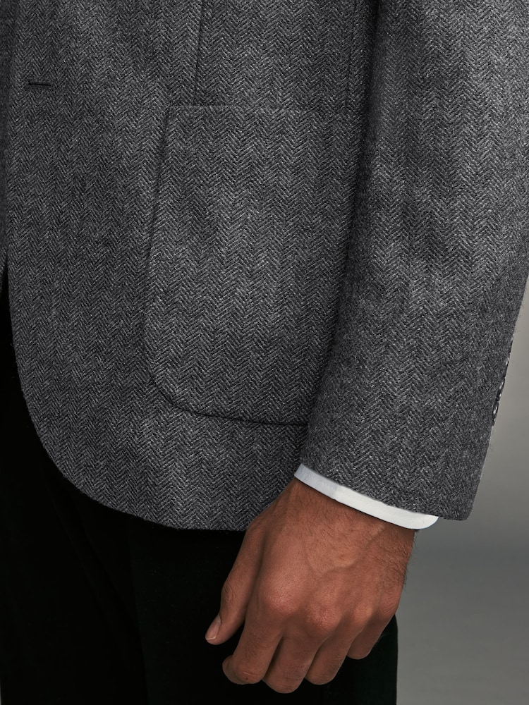 Charcoal Grey Regular Fit Wool Rich Herringbone Blazer - Image 6 of 13