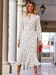 Sosandar White Petite Spot Print Keyhole Detail Belted Fit & Flare Dress - Image 1 of 5
