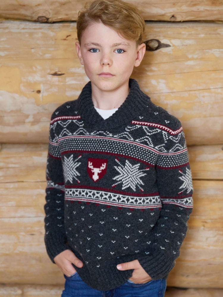 The Little Tailor Grey Wool Blend Reindeer Motif Turtle Neck Christmas Jumper - Image 1 of 4 The Little Tailor Grey Wool Blend Reindeer Motif Turtle Neck Christmas Jumper - Image 1 of 4
