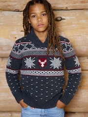 The Little Tailor Grey Wool Blend Reindeer Motif Turtle Neck Christmas Jumper - Image 2 of 4