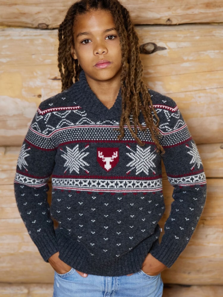The Little Tailor Grey Wool Blend Reindeer Motif Turtle Neck Christmas Jumper - Image 2 of 4 The Little Tailor Grey Wool Blend Reindeer Motif Turtle Neck Christmas Jumper - Image 2 of 4