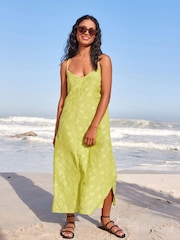 Lime Green Textured V-Neck Midi Slip Summer Dress - Image 1 of 8