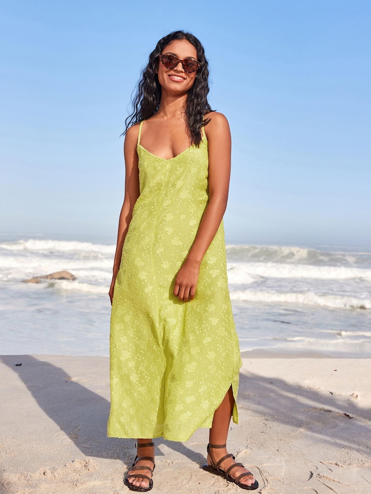 Lime Green Textured V-Neck Midi Slip Summer Dress - Image 1 of 8