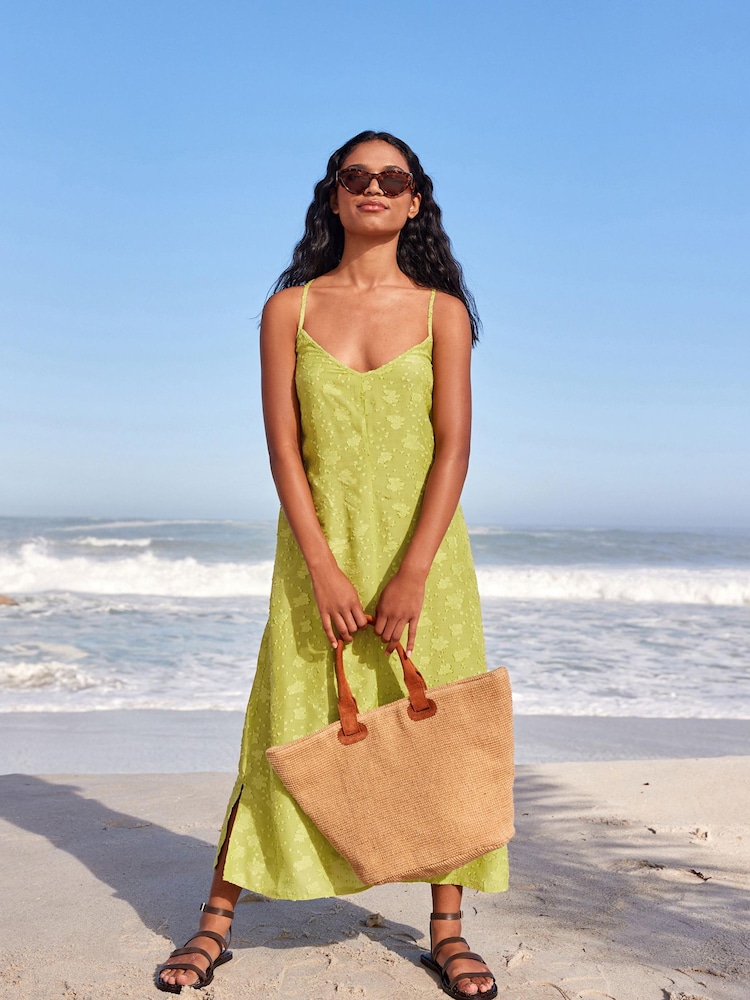 Lime Green Textured V-Neck Midi Slip Summer Dress - Image 2 of 8