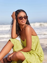 Lime Green Textured V-Neck Midi Slip Summer Dress - Image 3 of 8