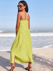 Lime Green Textured V-Neck Midi Slip Summer Dress - Image 4 of 8