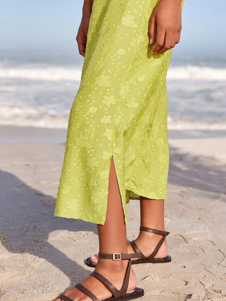 Lime Green Textured V-Neck Midi Slip Summer Dress - Image 6 of 8