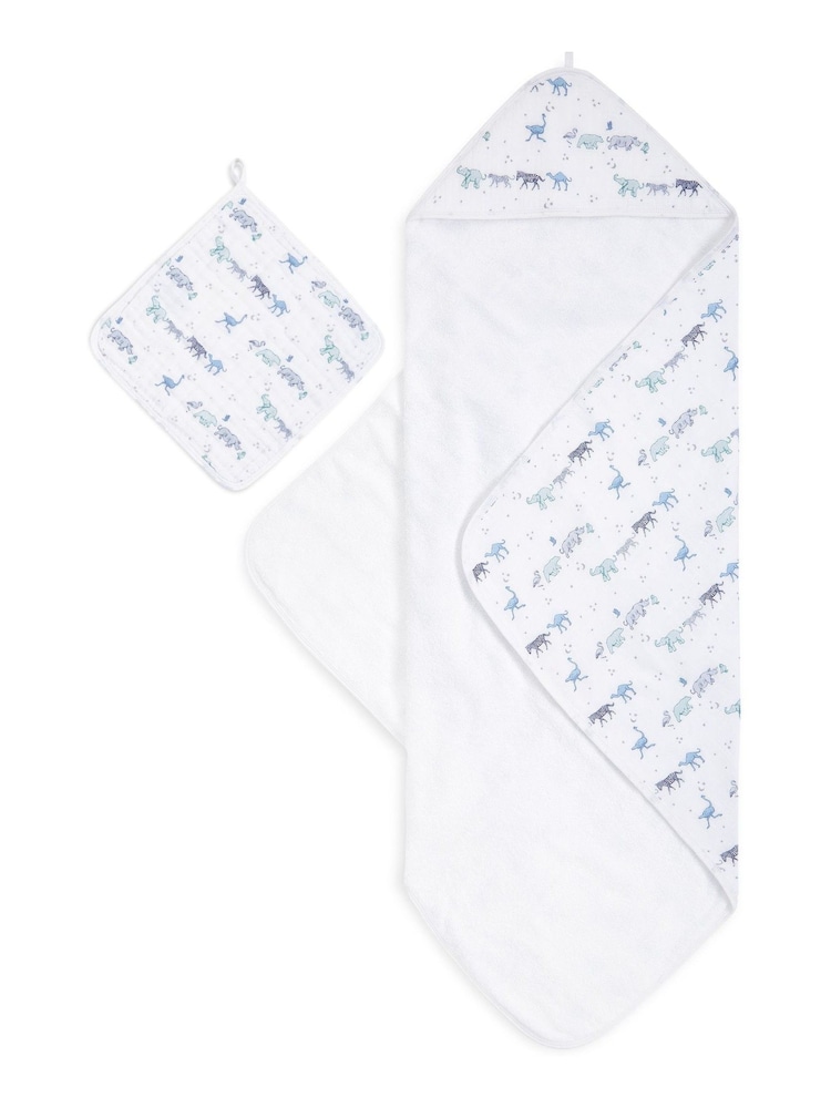 aden + anais Blue 100% Cotton Muslin Backed Hooded Towel Set - Image 1 of 3