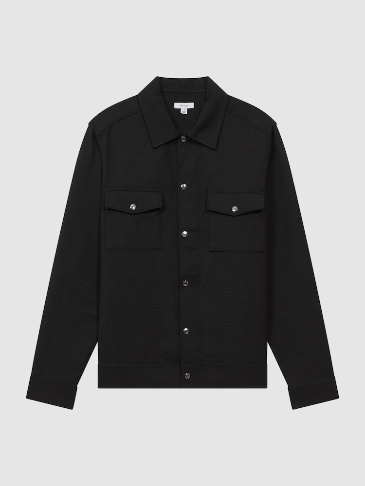 Reiss Black Chez Textured Cotton Twin Pocket Overshirt - Image 2 of 5