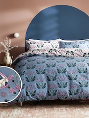 Blue 100% Cotton Reversible Floral with Pipe Edge Duvet Cover and Pillowcase Set - Image 1 of 5