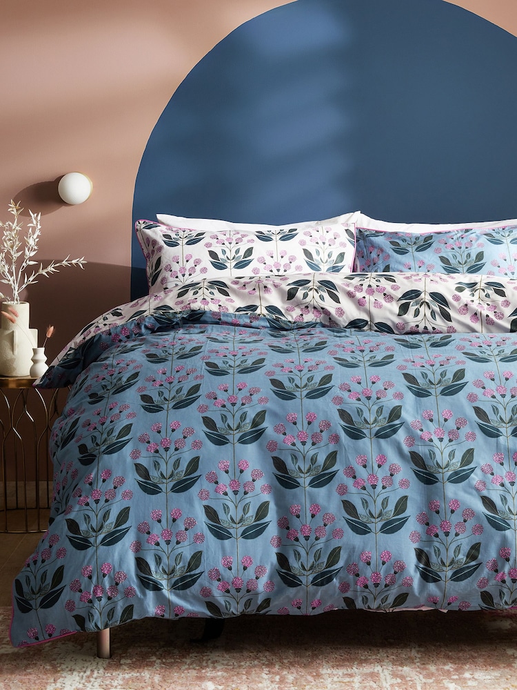 Blue 100% Cotton Reversible Floral with Pipe Edge Duvet Cover and Pillowcase Set - Image 1 of 4 Blue 100% Cotton Reversible Floral with Pipe Edge Duvet Cover and Pillowcase Set - Image 1 of 4