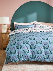 Blue 100% Cotton Reversible Floral with Pipe Edge Duvet Cover and Pillowcase Set - Image 2 of 5