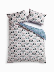 Blue 100% Cotton Reversible Floral with Pipe Edge Duvet Cover and Pillowcase Set - Image 5 of 5