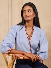 Love & Roses Blue Stripe Button Through 3/4 Sleeve Blouse - Image 1 of 5