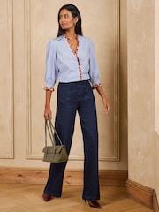 Love & Roses Blue Stripe Button Through 3/4 Sleeve Blouse - Image 3 of 5