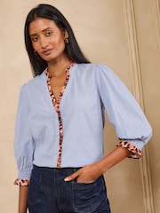 Love & Roses Blue Stripe Button Through 3/4 Sleeve Blouse - Image 4 of 5