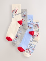 Blue/Ecru Ski Scene Ankle Socks 4 Pack - Image 1 of 7