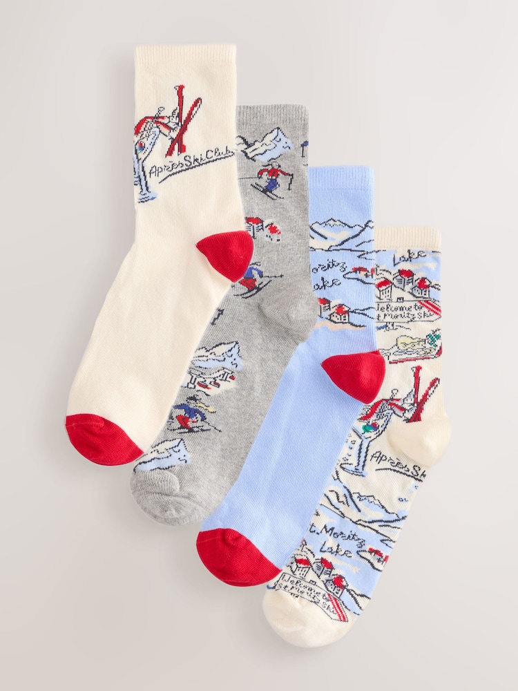 Blue/Ecru Ski Scene Ankle Socks 4 Pack - Image 1 of 7