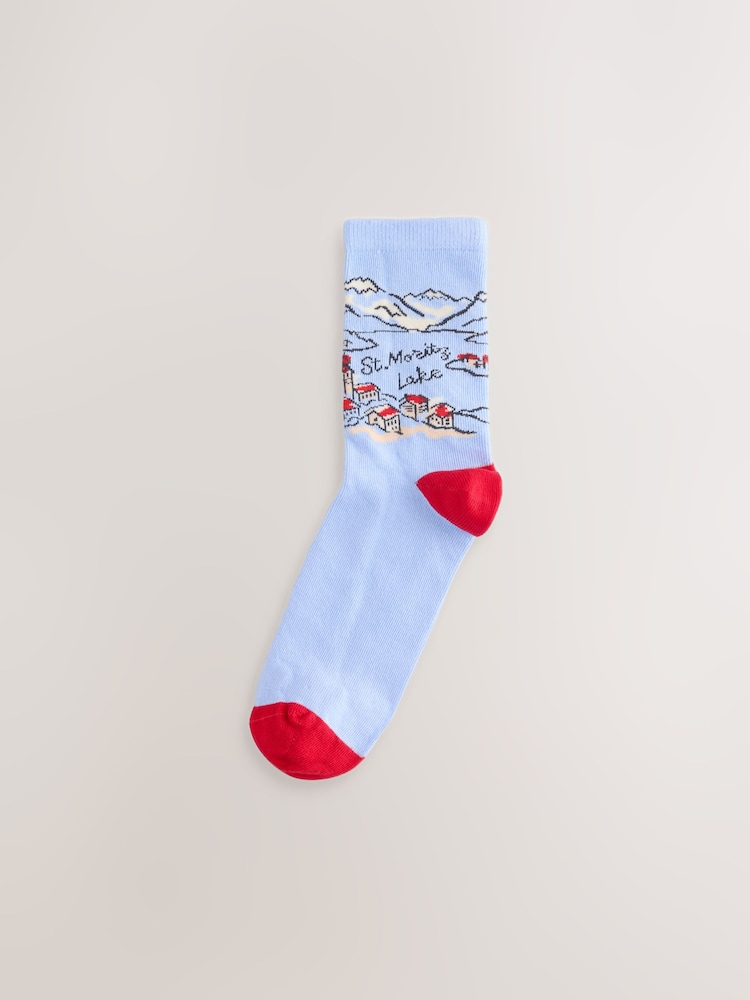Blue/Ecru Ski Scene Ankle Socks 4 Pack - Image 2 of 7