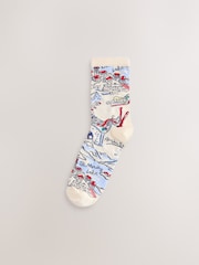 Blue/Ecru Ski Scene Ankle Socks 4 Pack - Image 5 of 7