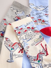 Blue/Ecru Ski Scene Ankle Socks 4 Pack - Image 6 of 7