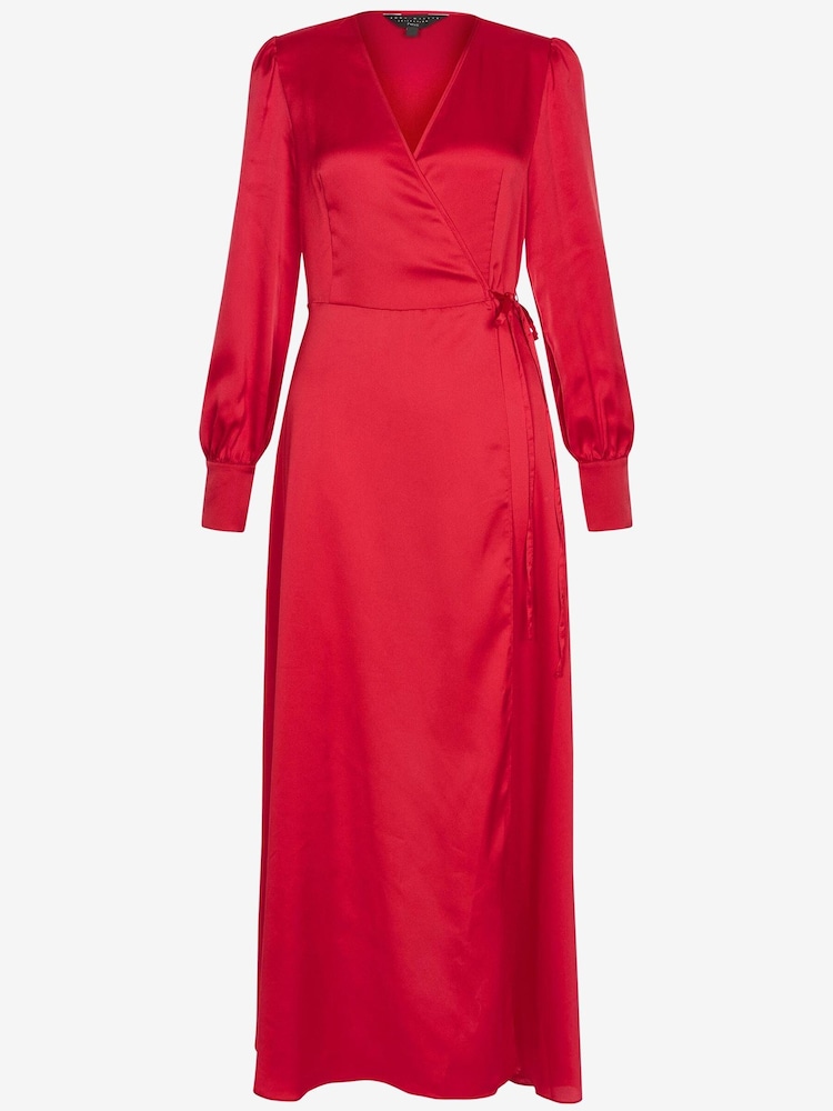 Red Emma Willis Satin Midi Wrap Dress - Image 1 of 1 Red Emma Willis Satin Midi Wrap Dress - Image 1 of 1