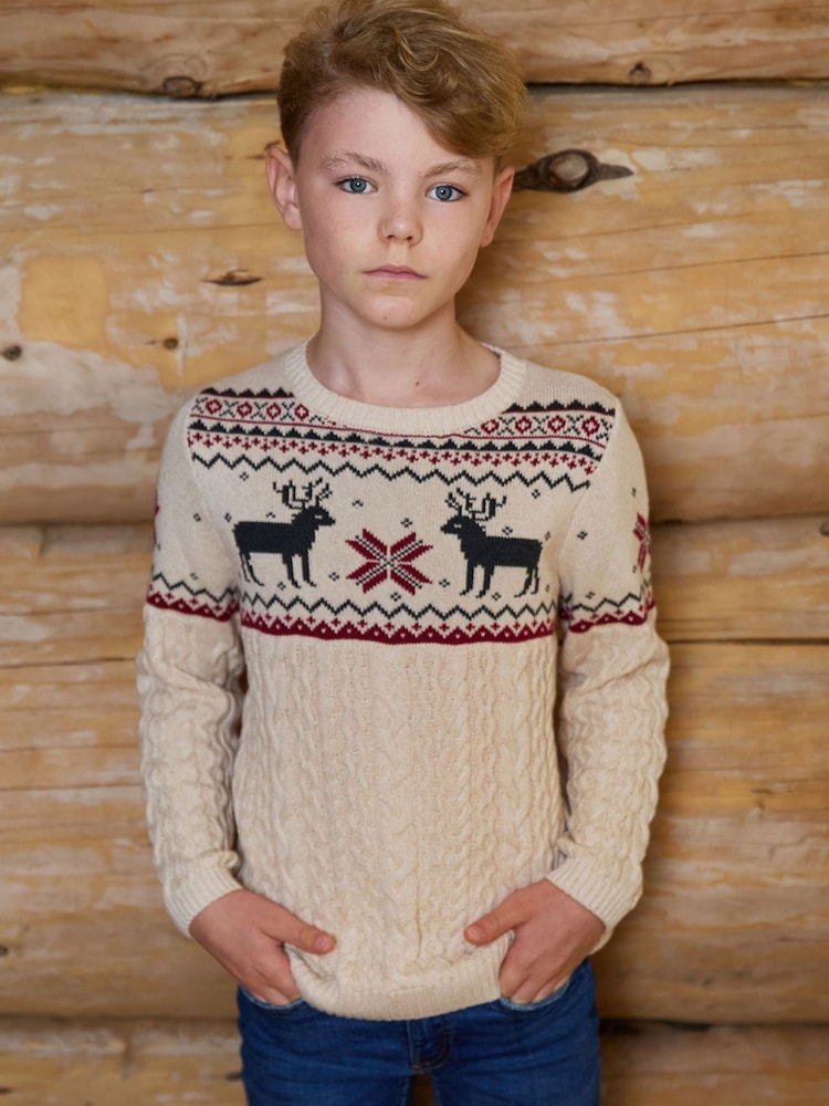 The Little Tailor Beige Christmas Reindeer Fairisle Pattern Jumper - Image 1 of 7