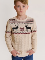 The Little Tailor Beige Christmas Reindeer Fairisle Pattern Jumper - Image 4 of 7