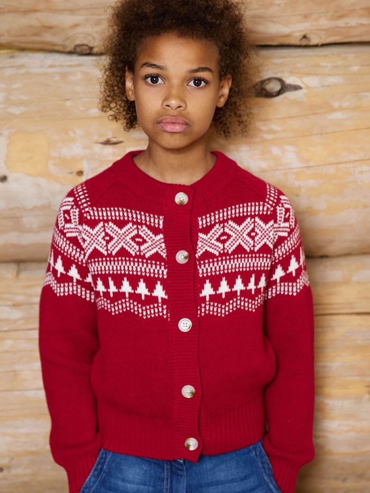 The Little Tailor Red Cotton Winter Fairisle Christmas Cardigan - Image 1 of 6