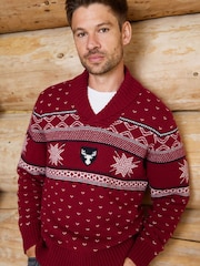 The Little Tailor Red Wool Blend Reindeer Motif Shawl Neck Christmas Jumper - Image 1 of 6
