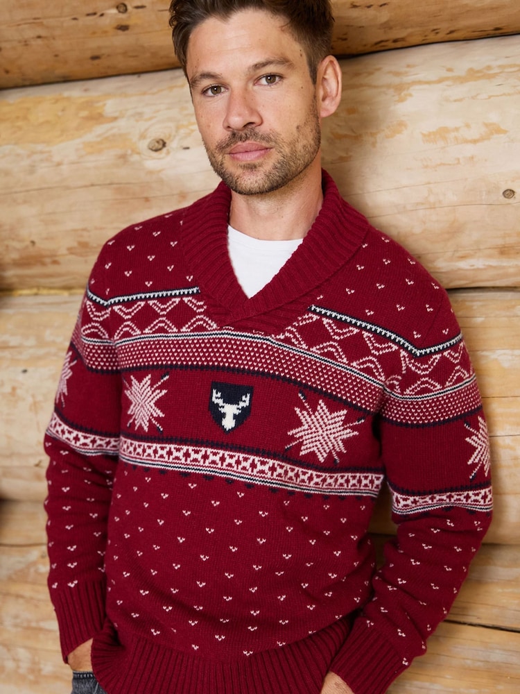 The Little Tailor Red Wool Blend Reindeer Motif Shawl Neck Christmas Jumper - Image 1 of 6 The Little Tailor Red Wool Blend Reindeer Motif Shawl Neck Christmas Jumper - Image 1 of 6