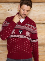 The Little Tailor Red Wool Blend Reindeer Motif Shawl Neck Christmas Jumper - Image 2 of 6