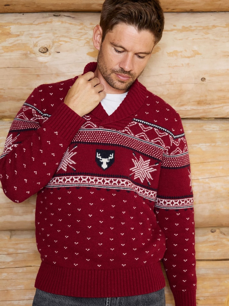 The Little Tailor Red Wool Blend Reindeer Motif Shawl Neck Christmas Jumper - Image 2 of 6 The Little Tailor Red Wool Blend Reindeer Motif Shawl Neck Christmas Jumper - Image 2 of 6
