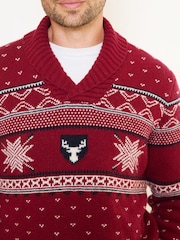 The Little Tailor Red Wool Blend Reindeer Motif Shawl Neck Christmas Jumper - Image 3 of 6