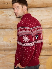 The Little Tailor Red Wool Blend Reindeer Motif Shawl Neck Christmas Jumper - Image 4 of 6