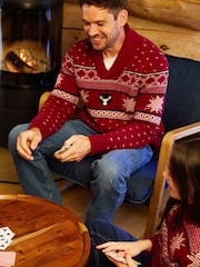 The Little Tailor Red Wool Blend Reindeer Motif Shawl Neck Christmas Jumper - Image 6 of 6