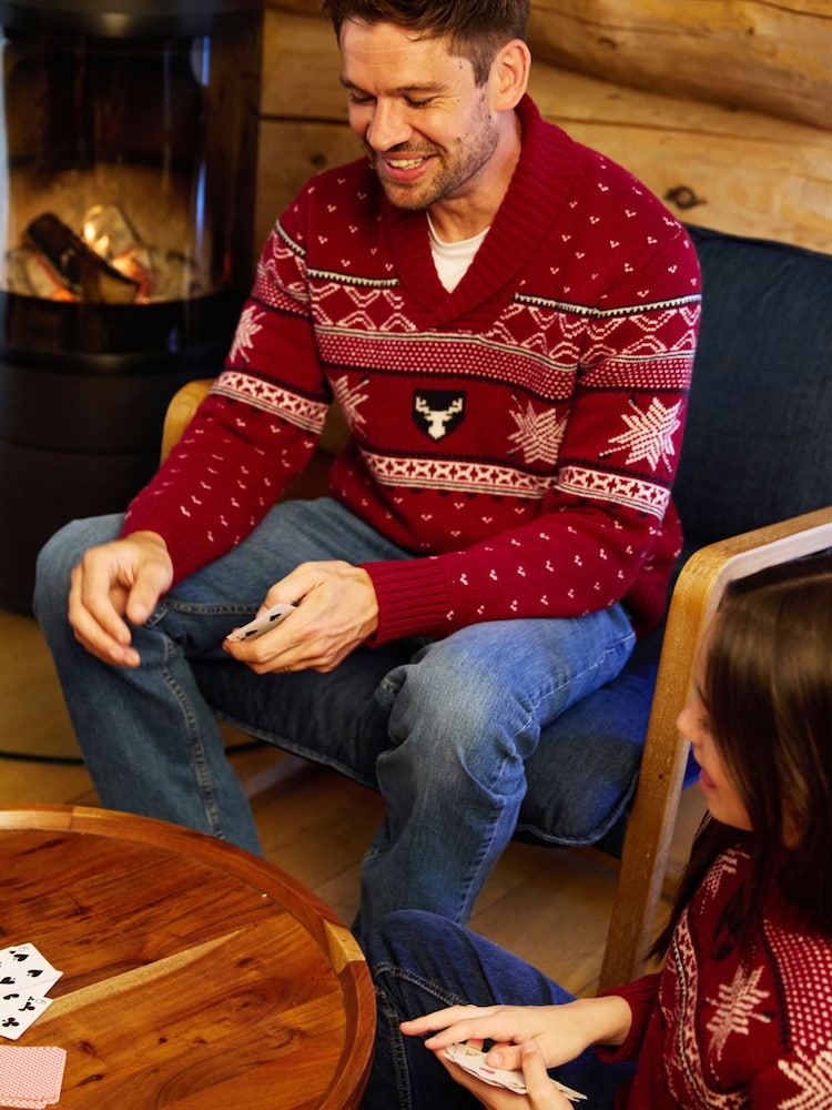 The Little Tailor Red Wool Blend Reindeer Motif Shawl Neck Christmas Jumper - Image 6 of 6 The Little Tailor Red Wool Blend Reindeer Motif Shawl Neck Christmas Jumper - Image 6 of 6