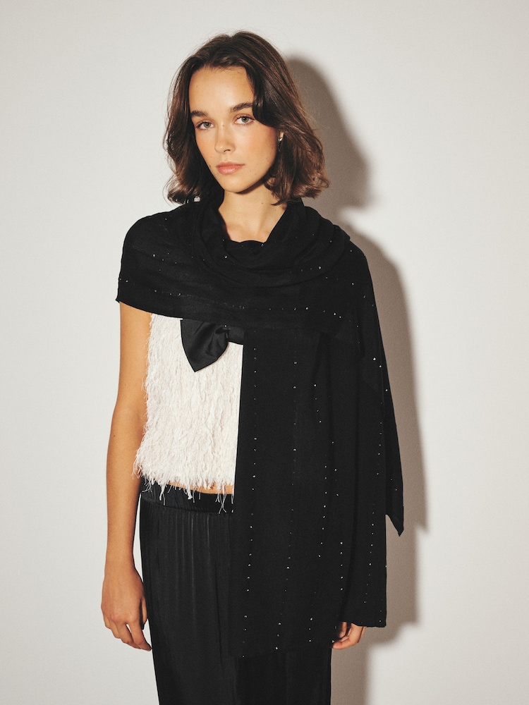 Black Sequin Detail Lightweight Shawl Scarve - Image 1 of 7 Black Sequin Detail Lightweight Shawl Scarve - Image 1 of 7