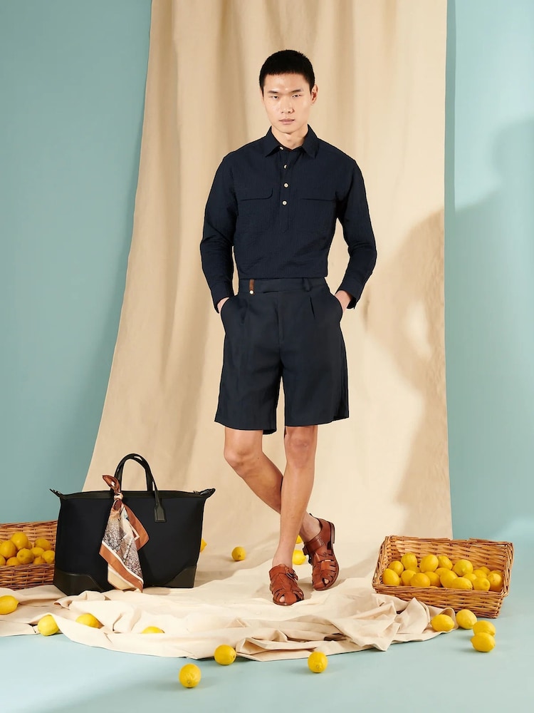 Peckham Rye Blue Contemporary Linen Mix Tailor Shorts - Image 1 of 5 Peckham Rye Blue Contemporary Linen Mix Tailor Shorts - Image 1 of 5