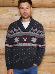The Little Tailor Grey Wool Blend Reindeer Motif Shawl Neck Christmas Jumper - Image 1 of 7
