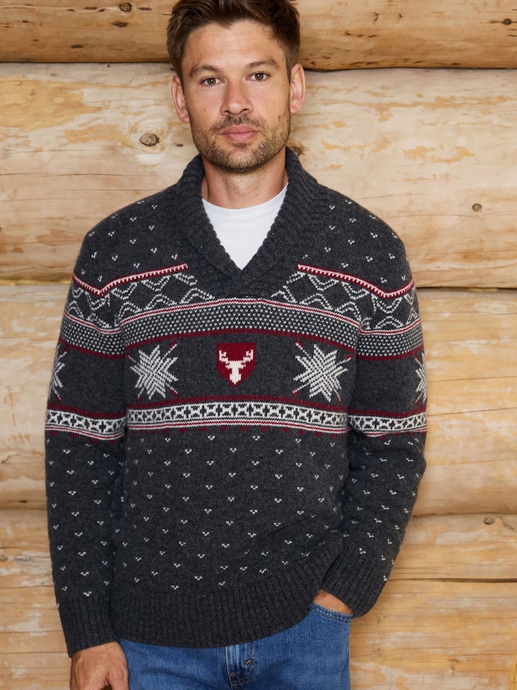 The Little Tailor Grey Wool Blend Reindeer Motif Shawl Neck Christmas Jumper - Image 1 of 7 The Little Tailor Grey Wool Blend Reindeer Motif Shawl Neck Christmas Jumper - Image 1 of 7