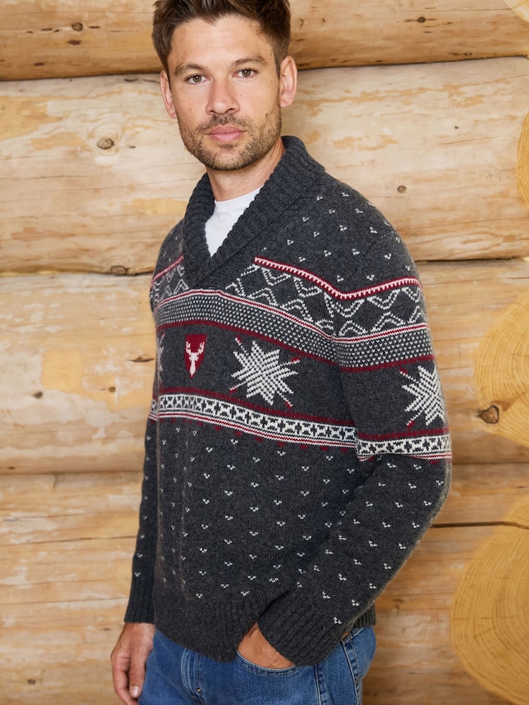 The Little Tailor Grey Wool Blend Reindeer Motif Shawl Neck Christmas Jumper - Image 2 of 7 The Little Tailor Grey Wool Blend Reindeer Motif Shawl Neck Christmas Jumper - Image 2 of 7