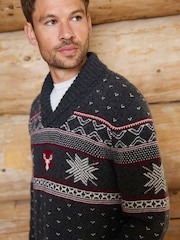 The Little Tailor Grey Wool Blend Reindeer Motif Shawl Neck Christmas Jumper - Image 3 of 7