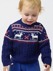The Little Tailor Blue Christmas Reindeer Fairisle Jumper - Image 1 of 9