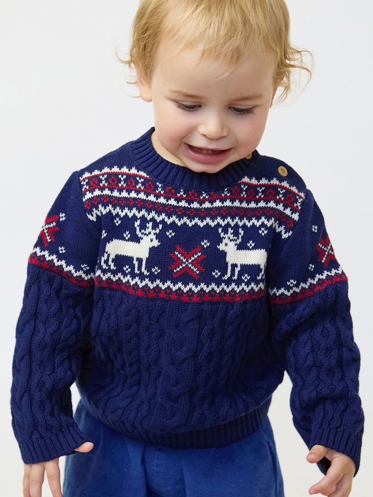 The Little Tailor Blue Christmas Reindeer Fairisle Jumper - Image 1 of 9 The Little Tailor Blue Christmas Reindeer Fairisle Jumper - Image 1 of 9