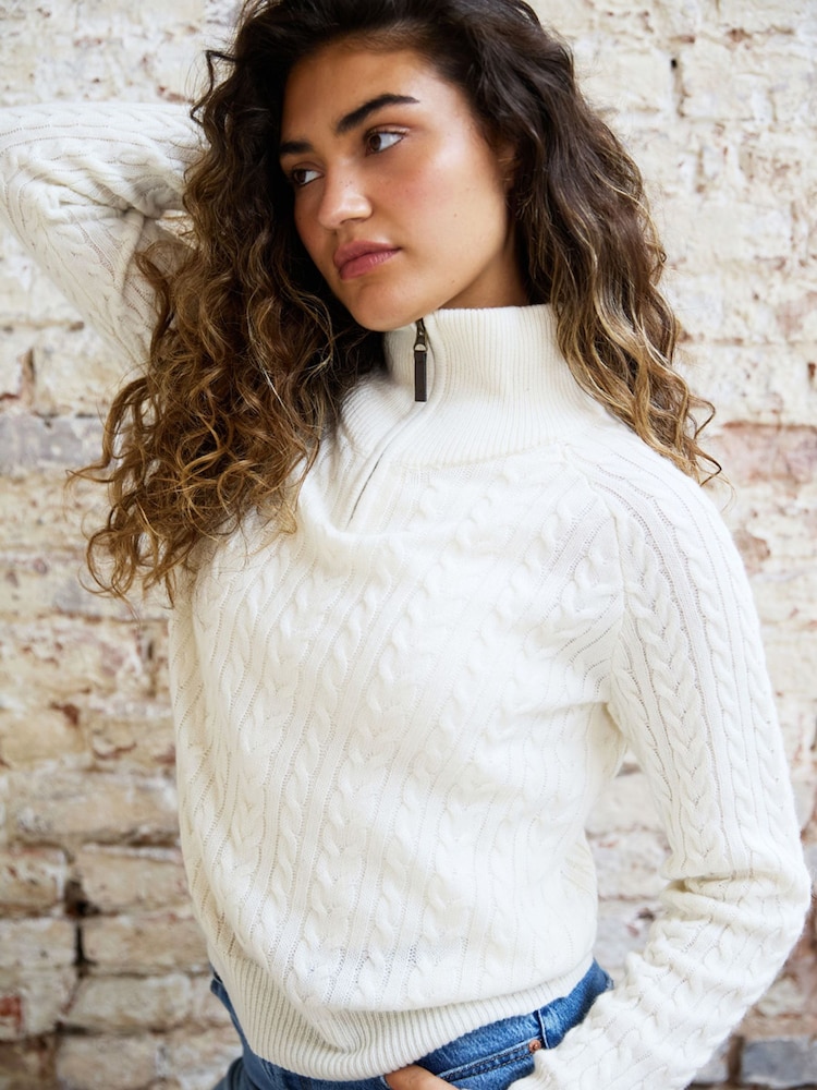 The Little Tailor Cream Ava Wool Rich Zip Neck Cable Knit Jumper - Image 2 of 5 The Little Tailor Cream Ava Wool Rich Zip Neck Cable Knit Jumper - Image 2 of 5