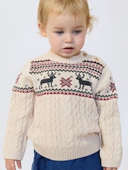 The Little Tailor Beige Christmas Reindeer Fairisle Jumper - Image 1 of 7
