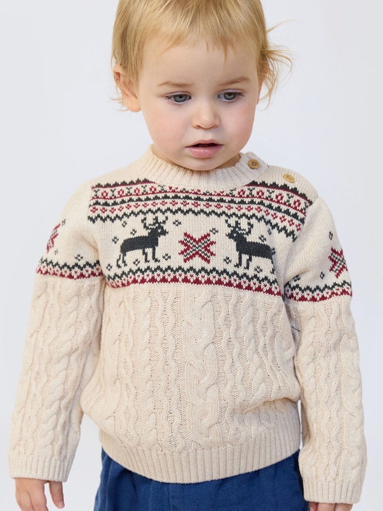 The Little Tailor Beige Christmas Reindeer Fairisle Jumper - Image 1 of 7 The Little Tailor Beige Christmas Reindeer Fairisle Jumper - Image 1 of 7