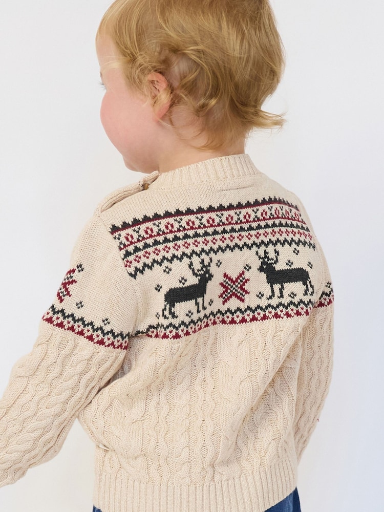 The Little Tailor Beige Christmas Reindeer Fairisle Jumper - Image 2 of 7 The Little Tailor Beige Christmas Reindeer Fairisle Jumper - Image 2 of 7