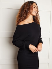 Threadbare Black Slash Neck Knitted Midi Dress - Image 2 of 4